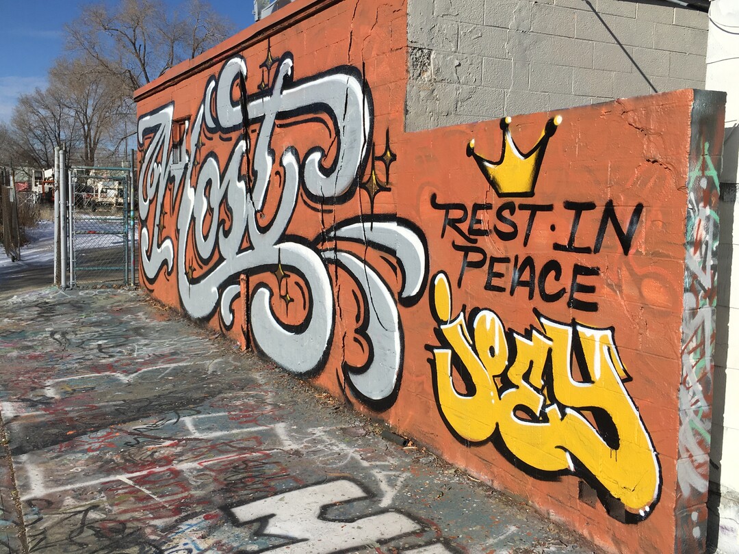 A graffiti tribute to Joey Kirk, who was killed by a TRAX train in November 2017, appears on the wall of a building on the corner of 700 West and Genesee Ave. in Salt Lake City.