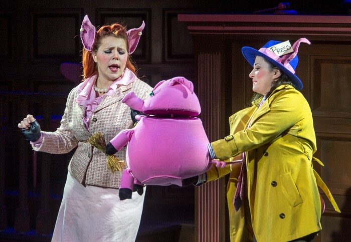 (Leah Hogsten | The Salt Lake Tribune) Julia, left, played by Becky Jeanne, pleads the case for the three little pigs with Lillian Magill, played by Ali Bennett, during Salt Lake Acting Company's annual children's show, "The True Story of the 3 Little Pigs," running through Dec. 29.