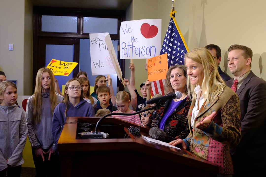 (Trent Nelson | The Salt Lake Tribune)   at a news conference by parents and students to show support for Valley View Elementary School teacher Moana Patterson, in Salt Lake City on Monday March 11, 2019.
