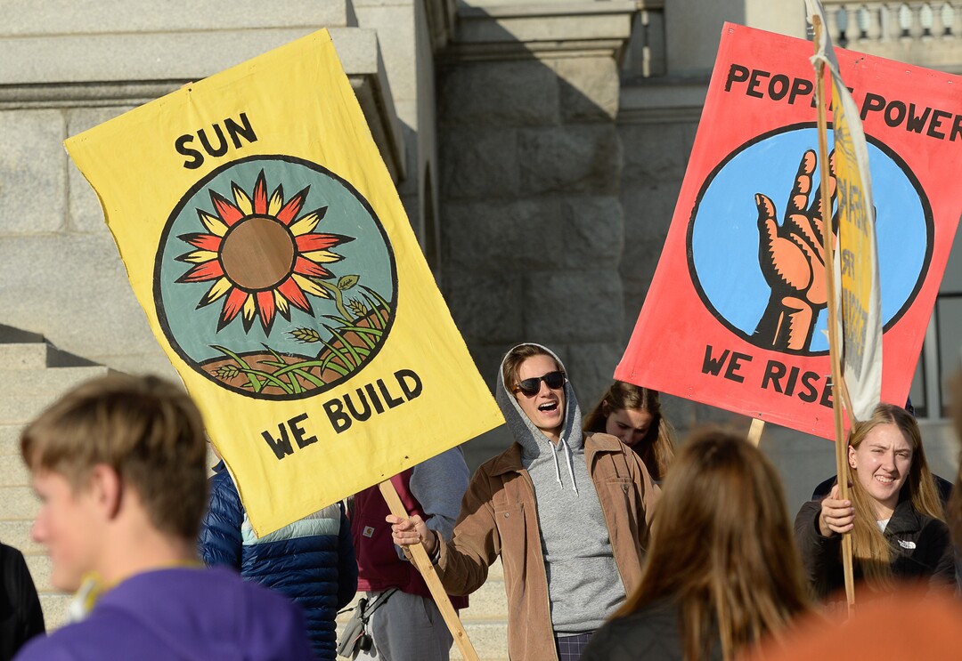 (Francisco Kjolseth  |  The Salt Lake Tribune)  Andoni Telonidis of West High joins the protest for climate action as Fridays For Future, Utah Youth Environmental Solutions, and partners strike in opposition to UtahÕs final oil and gas lease sale of 2019 that will auction off public lands and further fossil fuel development during a rally on the steps of the Utah Capitol on Friday, Dec. 6, 2019.