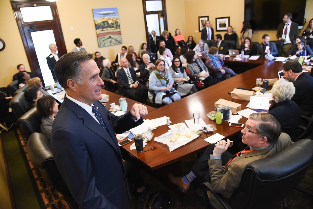 (Francisco Kjolseth  |  The Salt Lake Tribune)  Sen. Mitt Romney meets state lawmakers at the Utah Capitol as he speaks with members of the Democratic House Caucus during a series of meetings on Thursday, Feb. 21, 2019.