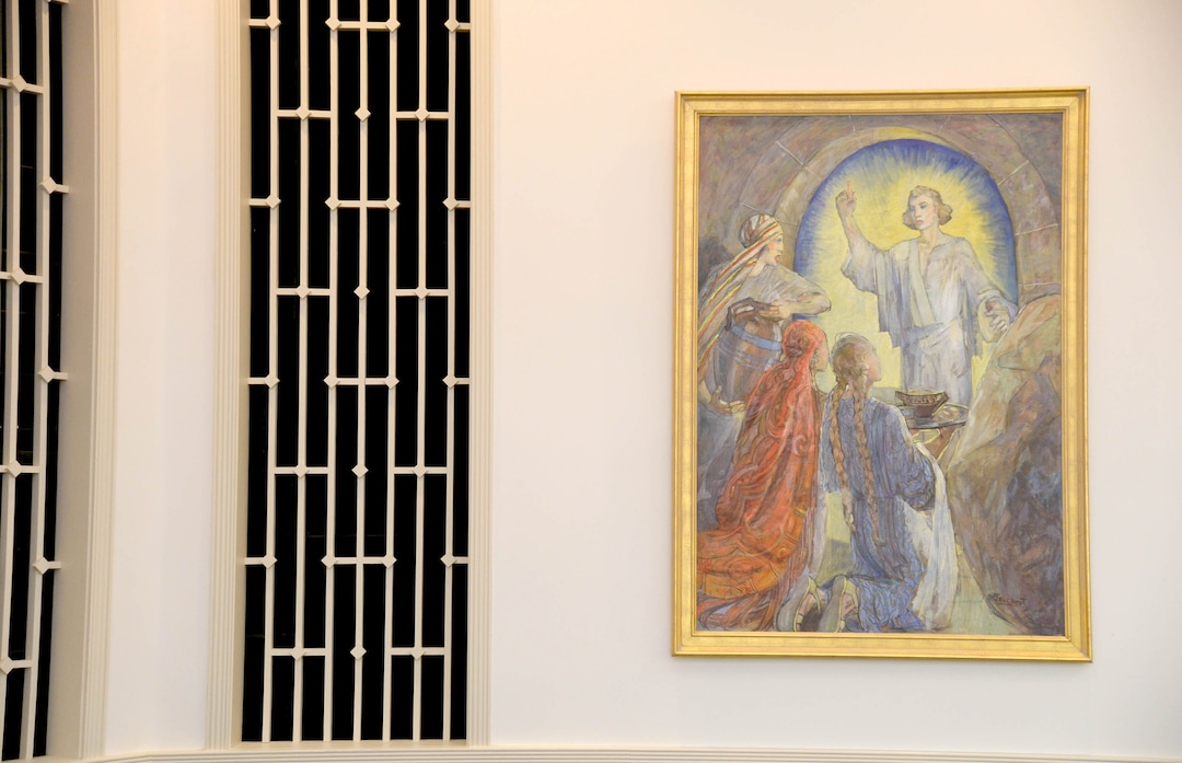 (Francisco Kjolseth  |  The Salt Lake Tribune) The LDS Church plans to remove three original paintings by LDS artist Minerva Teichert from an east Salt Lake City meetinghouse, including “Three women encountering an angel at the tomb of Joseph of Arimathaea,” and some local members are concerned.