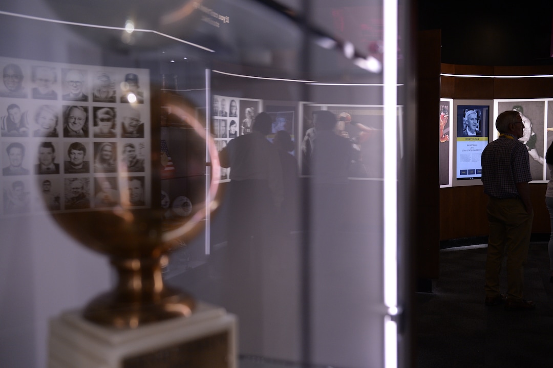 (Leah Hogsten  |  The Salt Lake Tribune)  Visitors to the Utah Sports Hall of Fame tour the displays, Wednesday, May 15, 2019 before its grand opening this Saturday.