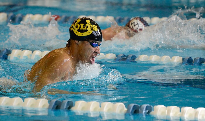 (Francisco Kjolseth | The Salt Lake Tribune) Blayze Kimble of Cottonwood swims to a first win in the Men 200 Yard IM at the high school swimming 5A State Championships in Bountiful, Friday February 9, 2018.