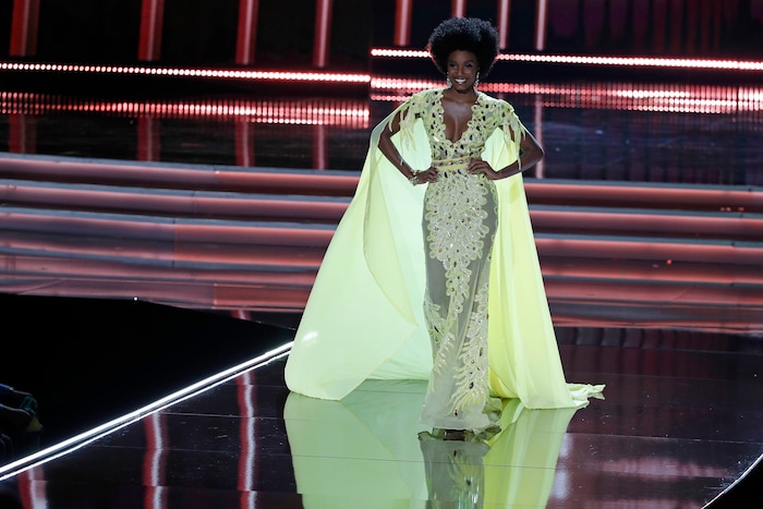 (John Locher | The Associated Press) Miss Jamaica Davina Bennett competes at the Miss Universe pageant Sunday, Nov. 26, 2017, in Las Vegas.