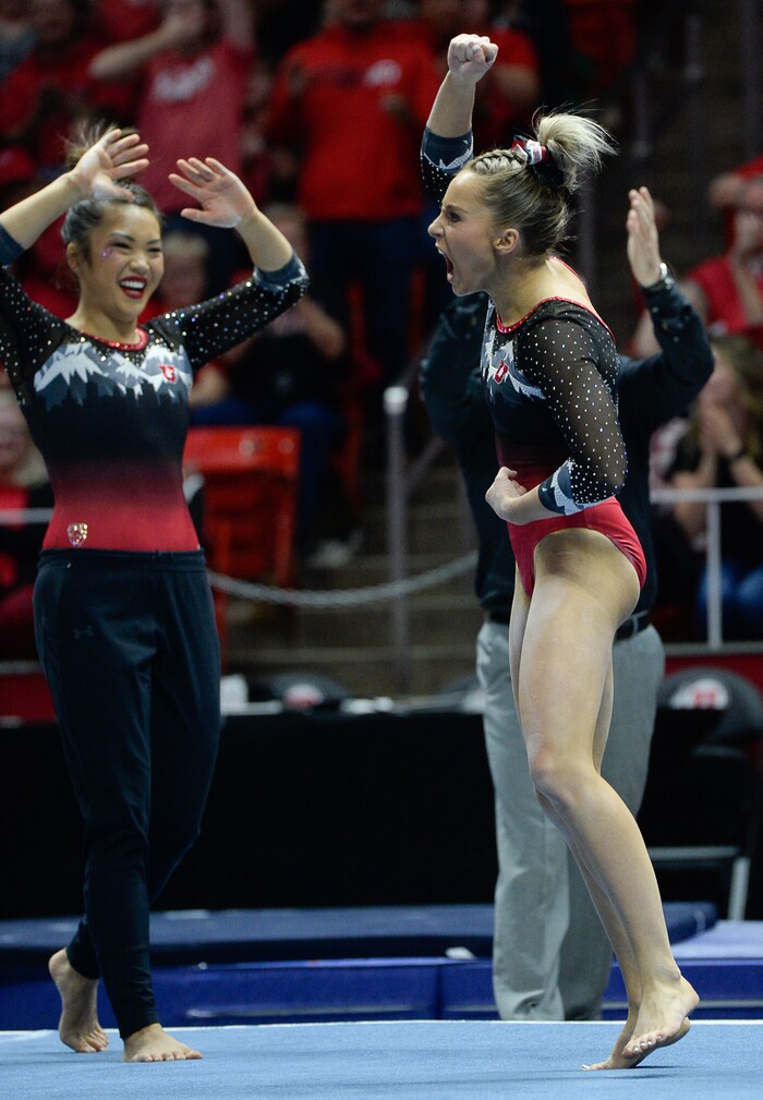 (Francisco Kjolseth  |  The Salt Lake Tribune)  MyKayla Skinner celebrates her floor routine as Utah hosts Penn State in their season opener at the Huntsman Center in Salt Lake City on Saturday, Jan. 5, 2019.