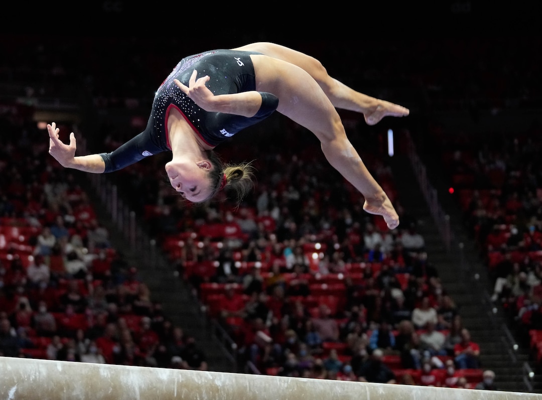 (Francisco Kjolseth | The Salt Lake Tribune) Utah’s Maile O’Keefe performs a perfect 10 on the beam during the gymnastics meet with Stanford at the Huntsman Center in Salt Lake City, Saturday, Jan. 29, 2022. 