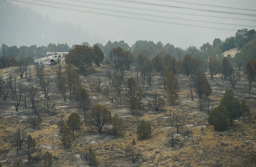 (Francisco Kjolseth  |  The Salt Lake Tribune)  Rocky Mountain Power replaces power poles burned down by the Coal Hollow Fire near Highway 6 on Saturday, Aug. 11, 2018.