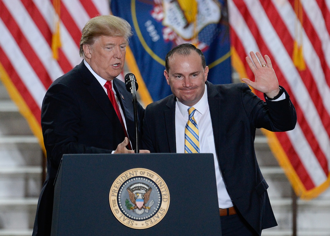 (Francisco Kjolseth  |  The Salt Lake Tribune)  U.S. President Donald Trump is joined by Se. Mike Lee on stage at the Utah Capitol on Monday, Dec. 4, 2017, before the president's signing of two presidential proclamations to shrink Bears Ears and Grand Staircase-Escalante national monuments.