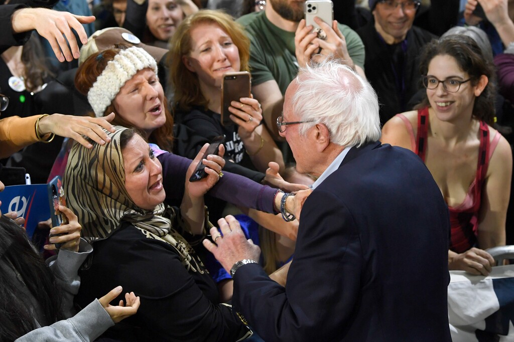 Democratic presidential candidate Sen. Bernie Sanders, I-Vt., greets the audience after speaking at a campaign rally in Springfield, Va., Saturday, Feb. 29, 2020. (AP Photo/Susan Walsh)