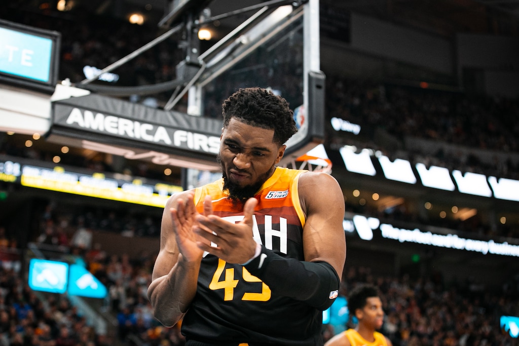 (Rachel Rydalch | The Salt Lake Tribune) Donovan Mitchell shows some emotion during a home game against the Brooklyn Nets in Salt Lake City Friday, Feb. 4, 2022.