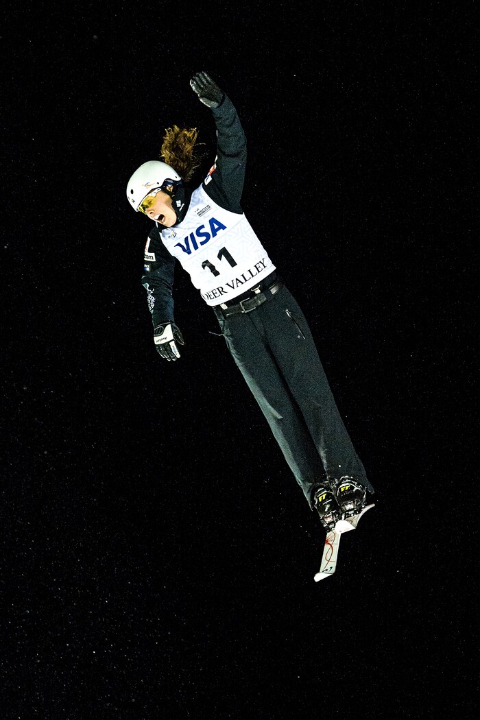 (Chris Detrick | The Salt Lake Tribune) USA's Ashley Caldwell (11) competes in the Ladies' Aerial Finals during the FIS Visa Freestyle International Ski World Cup at Deer Valley Resort Friday, January 12, 2018. Caldwell finished in seventh place.