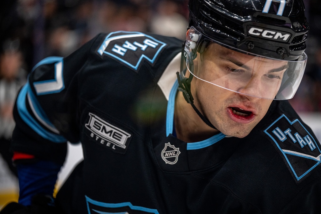(Trent Nelson  |  The Salt Lake Tribune) Utah Mammoth right wing JJ Peterka (77) as the Utah Mammoth host the New York Islanders, NHL hockey in Salt Lake City on Friday, Nov. 14, 2025.