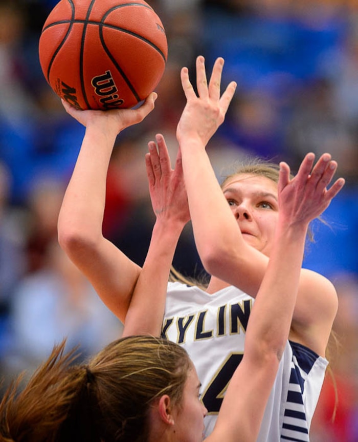 (Trent Nelson | The Salt Lake Tribune)  Skyline's Kate Vorwaller (24) scores as Skyline faces Springville in the 5A High School Girls' Basketball Tournament at SLCC in Taylorsville, Wednesday Feb. 21, 2018.
