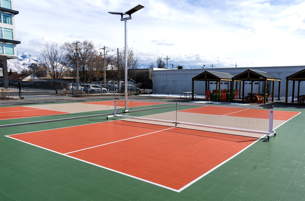 (Rick Egan | The Salt Lake Tribune) Pickleball courts at Second Summit Hard Cider in Millcreek, on Thursday, March 2, 2023. The cidery now has a full liquor license.