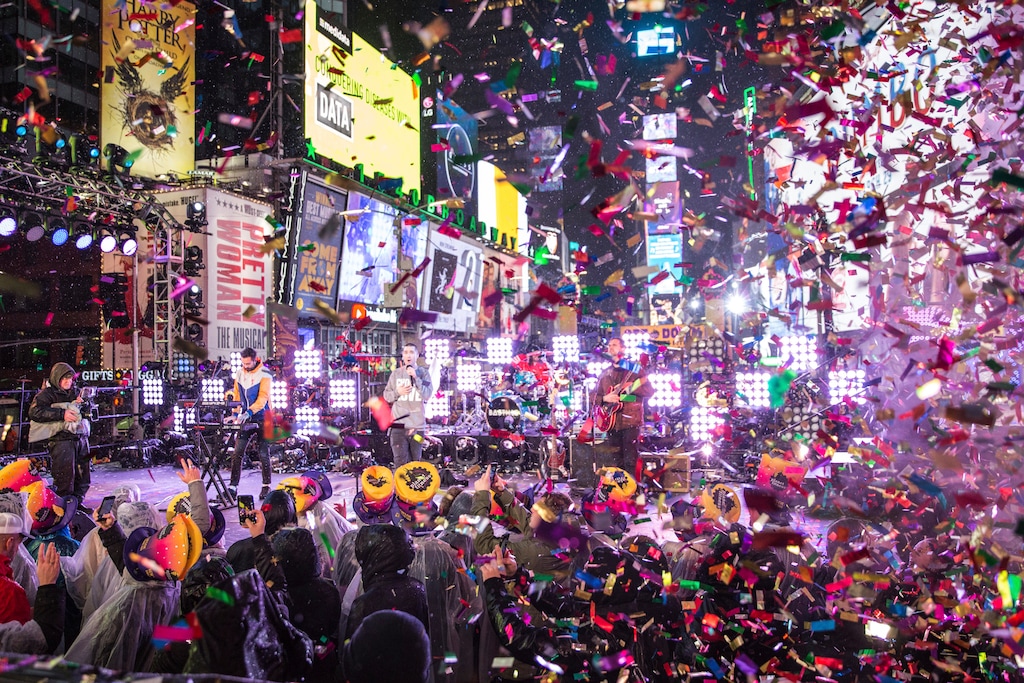 (Photo by Joe Russo | Invision | AP) Bastille performs on stage at the New Year's Eve celebration in Times Square on Monday, Dec. 31, 2018, in New York.