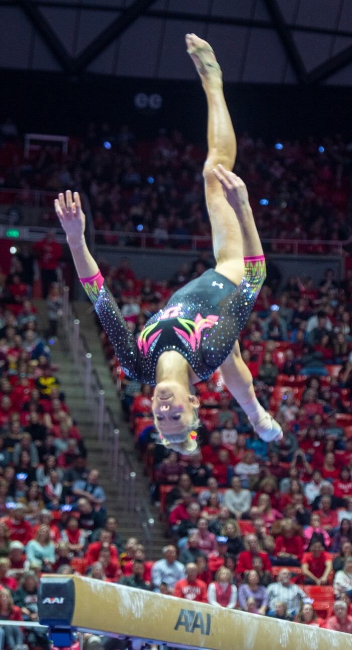 (Rick Egan  |  The Salt Lake Tribune)  MaKenna Merrell-Giles competes on the balance beam, in PAC-12 Gymnastics action between the Utes and The California Golden Bears, in the Jon M. Huntsman Center, in Salt Lake City, Saturday, Feb. 9, 2019. Merrell -Giles won the All-round for the Utes.