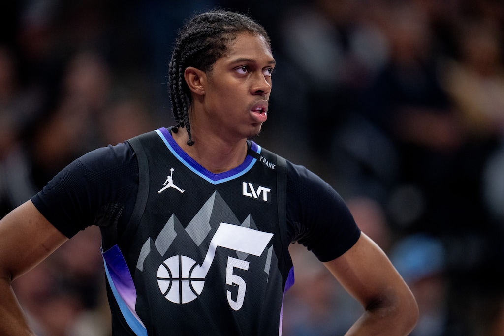 (Trent Nelson  |  The Salt Lake Tribune) Utah Jazz forward Cody Williams (5) as the Utah Jazz host the Cleveland Cavaliers, NBA basketball in Salt Lake City on Monday, March 30, 2026.