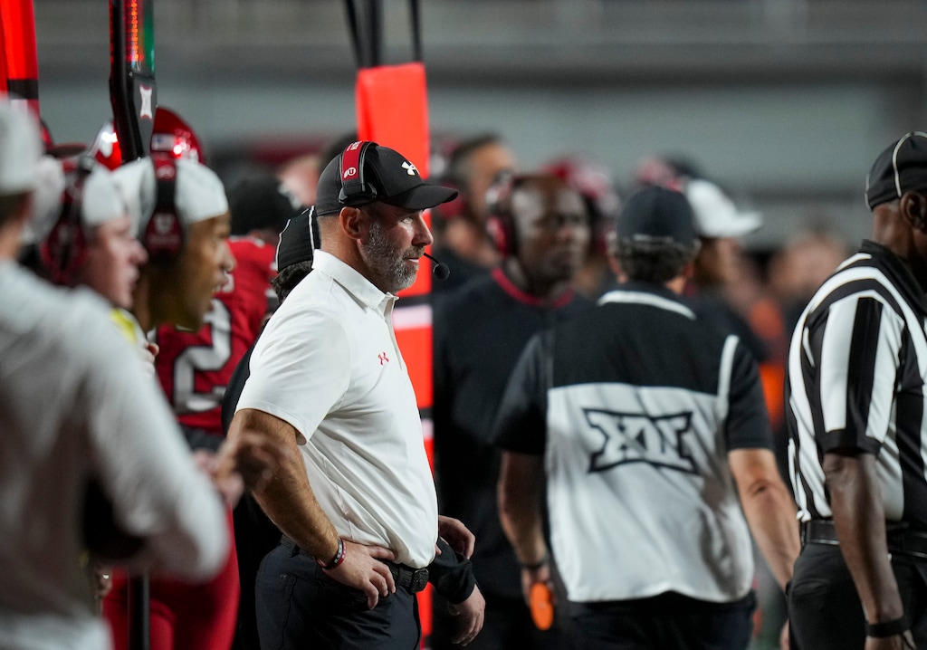 (Bethany Baker  |  The Salt Lake Tribune) Utah Utes head coach Morgan Scalley watches from the sidelines during the game between the Utah Utes and the Arkansas Razorbacks in Salt Lake City on Saturday, Sept. 12, 2026.