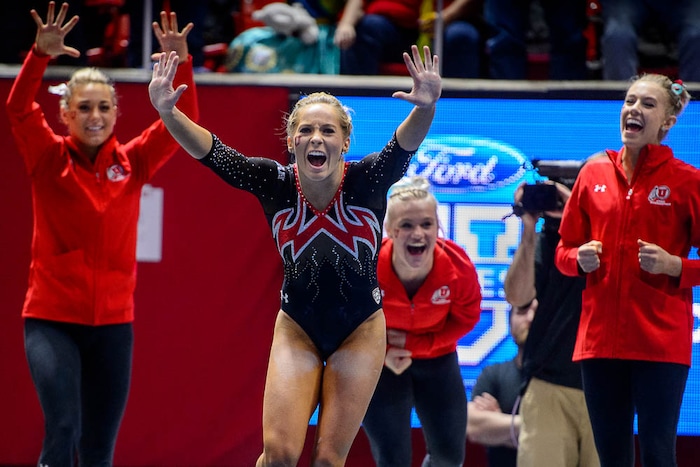 (Trent Nelson | The Salt Lake Tribune)  MyKayla Skinner  celebrates her floor routine as Utah hosts Washington, NCAA gymnastics in Salt Lake City, Saturday February 3, 2018.