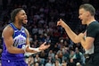 (Rick Egan | The Salt Lake Tribune) Utah Jazz guard Isaiah Collier (8) argues a call with referee Scott Twardoski (52).