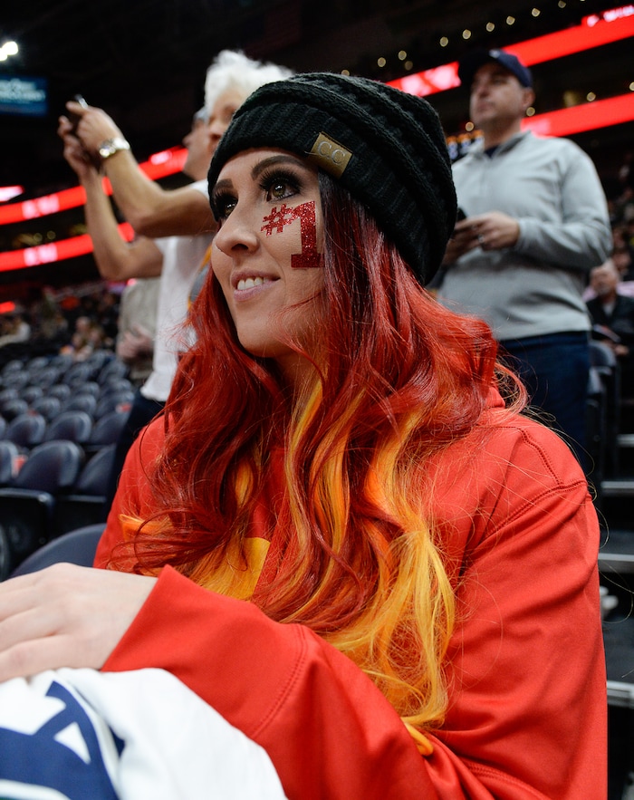 (Francisco Kjolseth  |  The Salt Lake Tribune) Utah Jazz fan Sammie Worthen watches as the team warms up before their game against the Thunder in the NBA game at Vivint Smart Home Arena Sat., Dec. 22, 2018, in Salt Lake City.