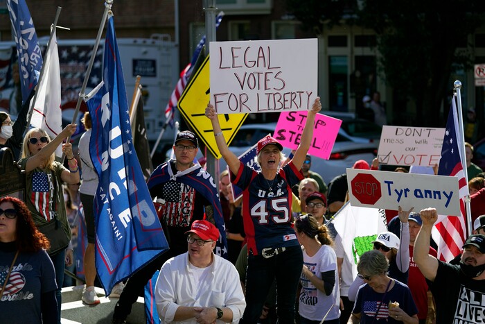Supporters of President Donald Trump demonstrate outside the Pennsylvania State Capitol, Saturday, Nov. 7, 2020, in Harrisburg, Pa., after Democrat Joe Biden defeated President Donald Trump to become 46th president of the United States. (AP Photo/Julio Cortez)