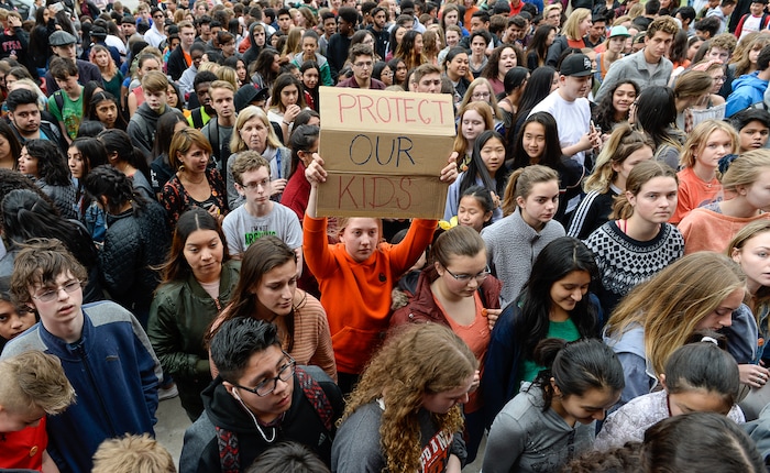 (Francisco Kjolseth  |  The Salt Lake Tribune)  West High School sophomore Andie Madsen, 15, returns to classes following a students walk out in Salt Lake, Wednesday morning March 14, 2018. Students in Utah and around the country planned the large-scale coordinated demonstration to protest gun violence and memorialize victims of last month's mass shooting at Marjory Stoneman Douglas High School in Parkland, Fla.