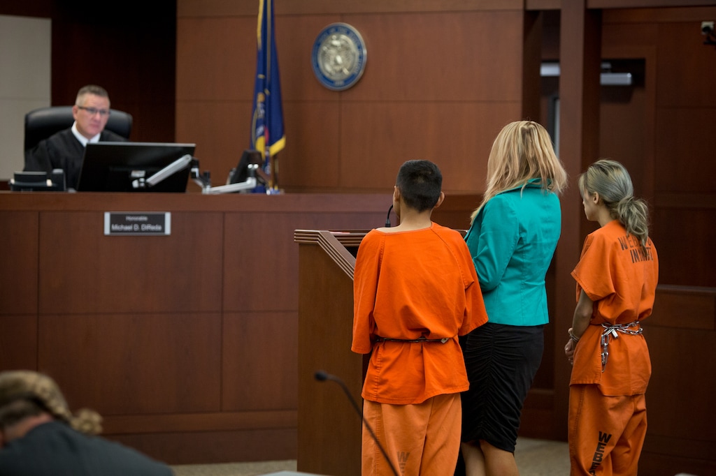 Miller Costello, left, and Brenda Emile, right, appear before Judge Michael DiReda in the 2nd District Court in Ogden on Thursday, July 13, 2017. Costello and Emile have been charged with aggravated murder in the death of their 3-year-old daughter. (BENJAMIN ZACK/Standard-Examiner)