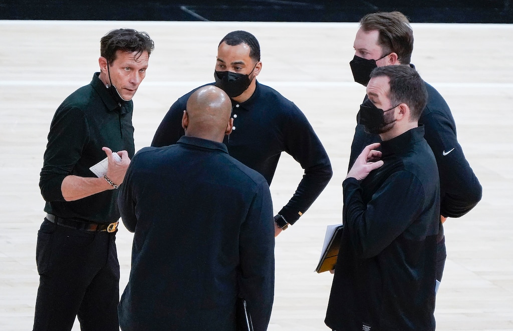 (Leah Hogsten | The Salt Lake Tribune) Utah Jazz head coach Quin Snyder talks with his assistant coaches during a timeout as the Utah Jazz host the Cleveland Cavaliers, Mar. 29, 2021 at Vivint Arena. 