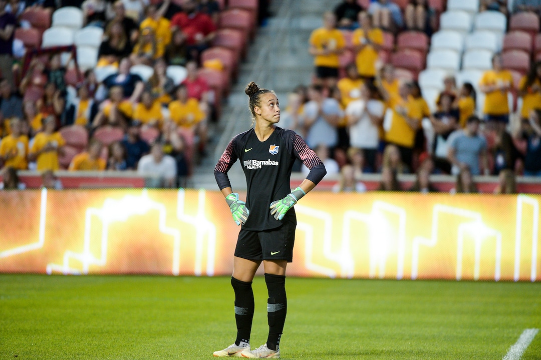 (Leah Hogsten  |  The Salt Lake Tribune) Sky Blue FC goalkeeper Kailen Sheridan (1) reacts to the Royals' first goal as the Utah Royals FC host Sky Blue FC, August 7, 2019 at Rio Tinto Stadium.