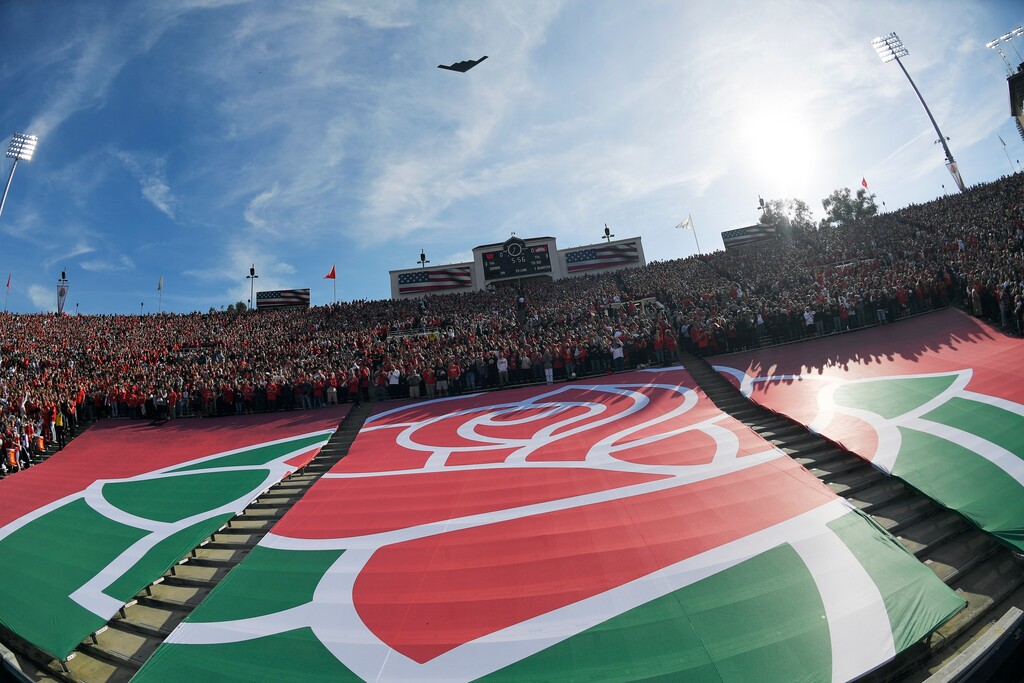 (Mark J. Terrill | AP) The Rose Bowl logo is seen during a fly over before the Rose Bowl NCAA college football game between Utah and Ohio State Saturday, Jan. 1, 2022, in Pasadena, Calif.
