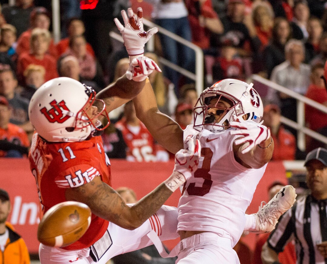 (Rick Egan  |  The Salt Lake Tribune)Stanford Cardinal cornerback Alijah Holder (13) blocks a pass intended for Utah Utes wide receiver Raelon Singleton (11), resulting in a defensive pass interference call, in PAC-12 football action, Utah Utes vs. Stanford Cardinals, at Rice-Eccles Stadium, Saturday, October 7, 2017.