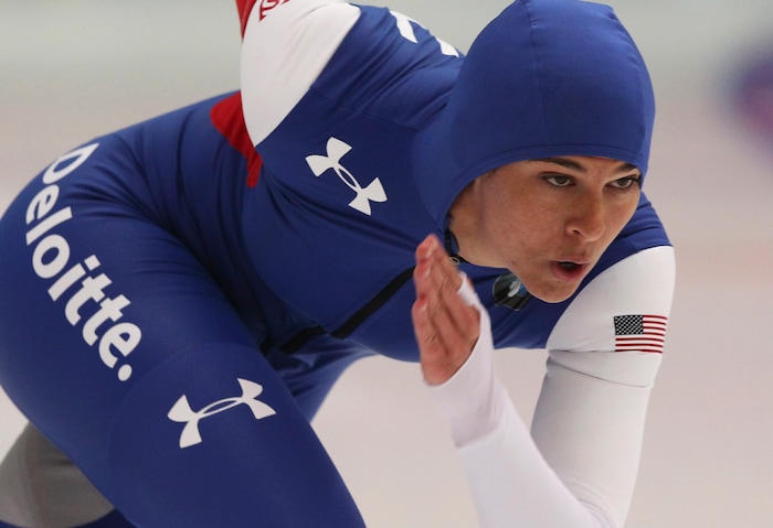 Brittany Bowe of USA skates during the women's ISU World Speed Skating Sprint Championship 500 meter event in Astana, Kazakhstan, Saturday, Feb. 28, 2015. Brittany Bowe placed first. (AP Photo/Alexei Filippov)