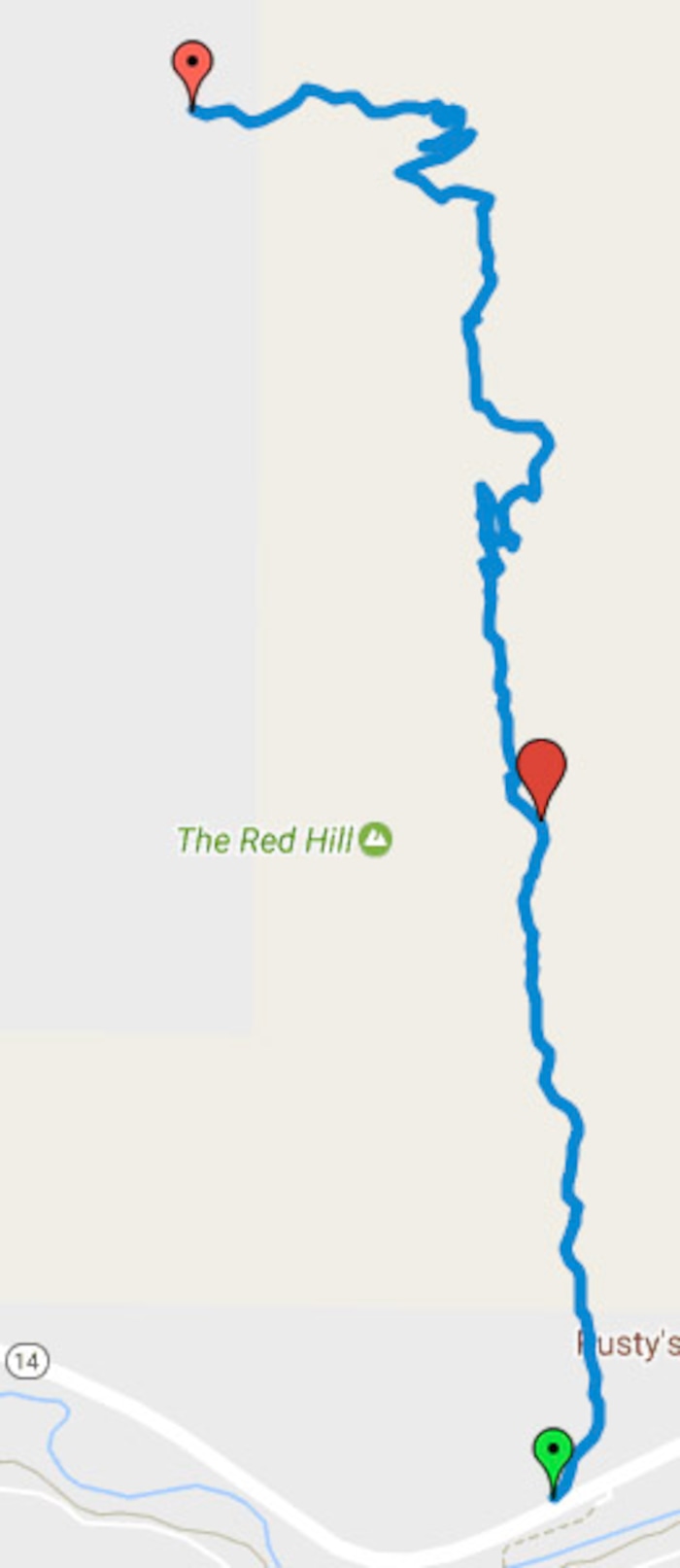 |  courtesy Google MapsThe Red Hollow Trail begins along State Road 14 and travels north. It connects with the Thor's Hideout Trial and finishes in Thunderbird Gardens.