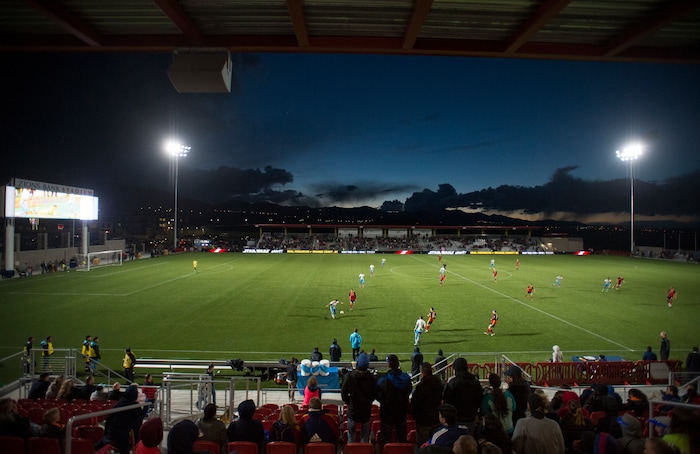 (Rick Egan  |  The Salt Lake Tribune)      The Real Monarchs play the Las Vegas Lights FC at the new Zions Bank Stadium in, Herriman, Monday, April 30, 2018.


