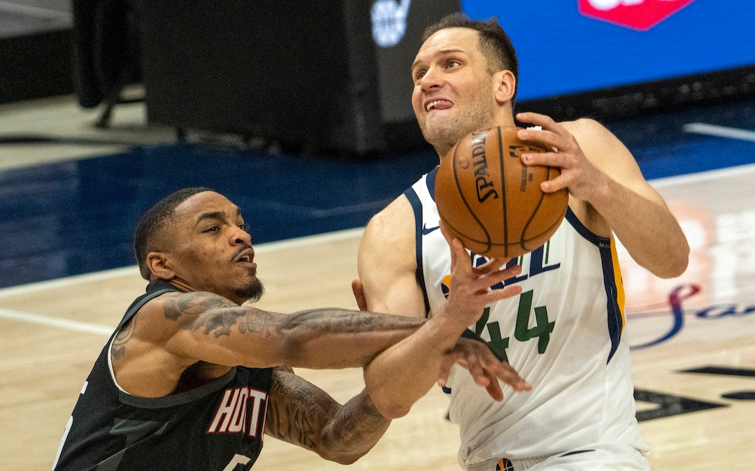 (Rick Egan | The Salt Lake Tribune) Utah Jazz forward Bojan Bogdanovic (44) takes the ball to the hoop, as Houston Rockets forward DaQuan Jeffries (55) defends, in NBA action between the Utah Jazz and the Houston Rockets, at Vivint Arena, on Saturday, May 8, 2021.