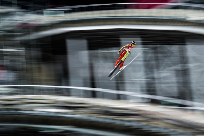 (Chris Detrick  |  The Salt Lake Tribune)  USA's Abby Ringquist competes in the Ladies' Normal Hill Individual at the Alpensia Ski Jumping during the Pyeongchang 2018 Winter Olympics Monday, February 12, 2018.  Ringquist finished in 29th place with a total of 144.4.