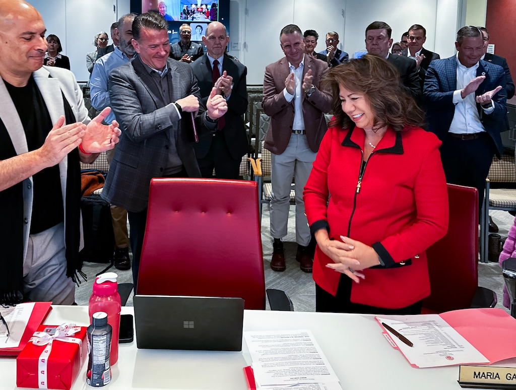 (University of Utah) Maria Garciaz, front right, is commended for her service as a university trustee during her last meeting on Tuesday, January 13, 2026.