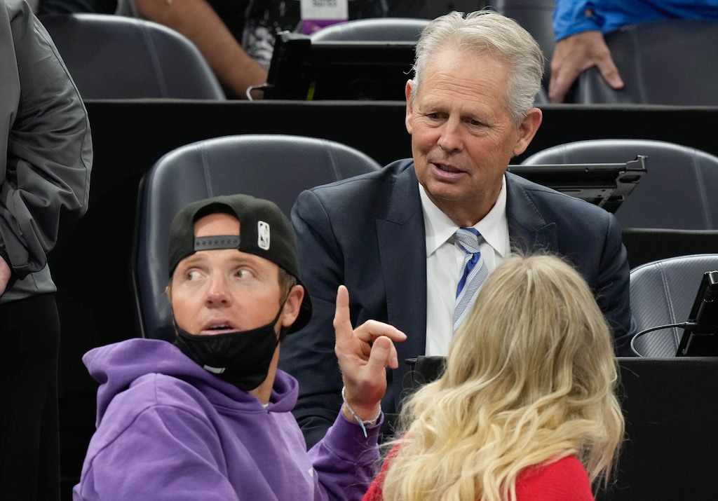(Francisco Kjolseth | The Salt Lake Tribune) Former BYU basketball player Danny Ainge, top, who was just named CEO of the Utah Jazz, sits next to Jazz owner Ryan Smith and his wife Ashley during the Jazz game against the LA Clippers at Vivint Smart Home Arena on Wednesday, Dec. 15, 2021. 