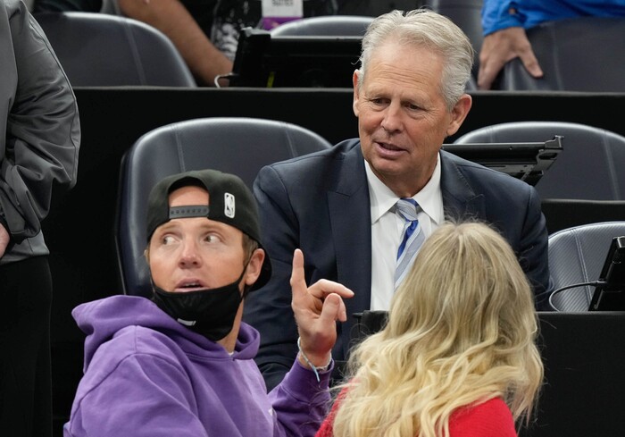 (Francisco Kjolseth | The Salt Lake Tribune) Former BYU basketball player Danny Ainge, top, who was just named CEO of the Utah Jazz, sits next to Jazz owner Ryan Smith and his wife Ashley during the Jazz game against the LA Clippers at Vivint Smart Home Arena on Wednesday, Dec. 15, 2021.