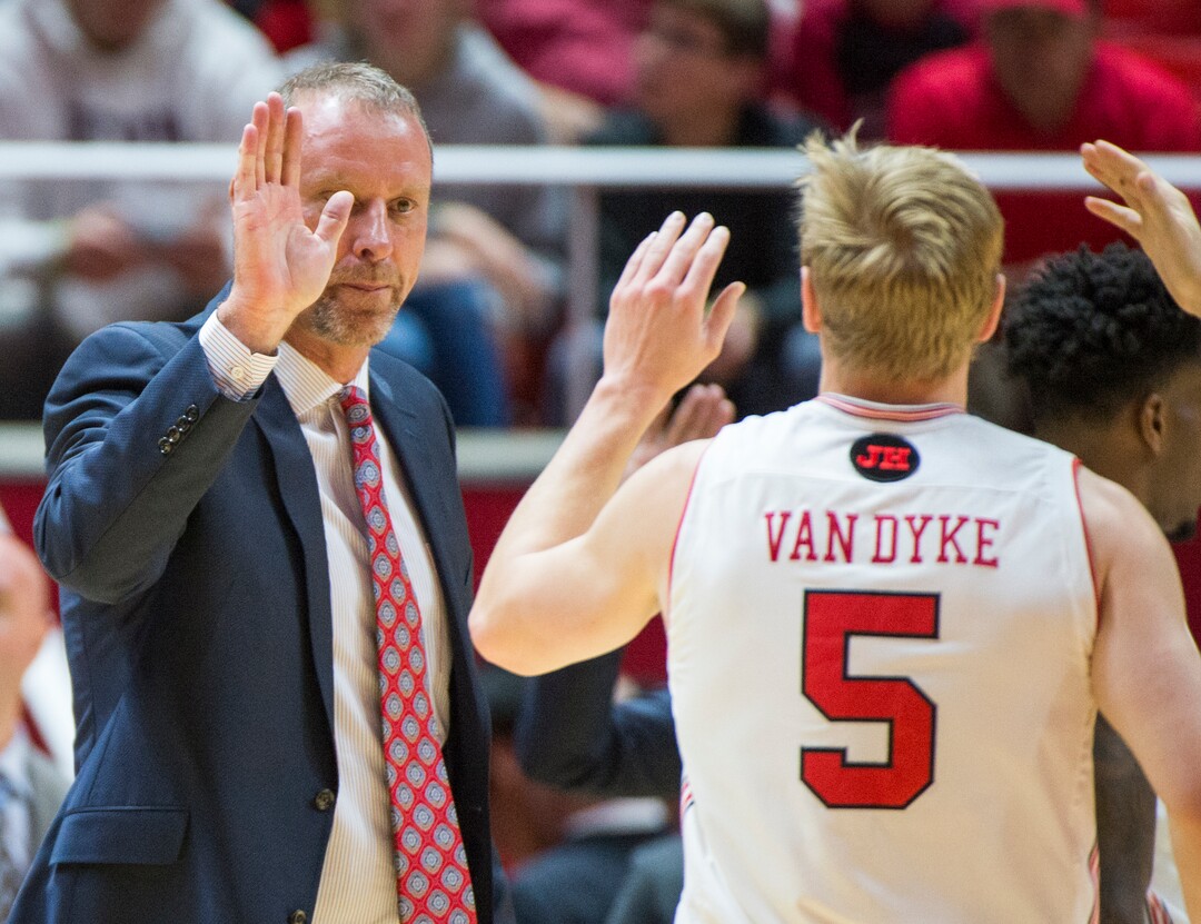 (Rick Egan  |  The Salt Lake Tribune)    Utah head coach Larry Krystkowiak reacts as the Utes pull out to a big lead, early in the game, in basketball action between Utah Utes and Mississippi Valley State Delta Devils at the Jon M. Huntsman Center, Thursday, Nov. 15, 2018.