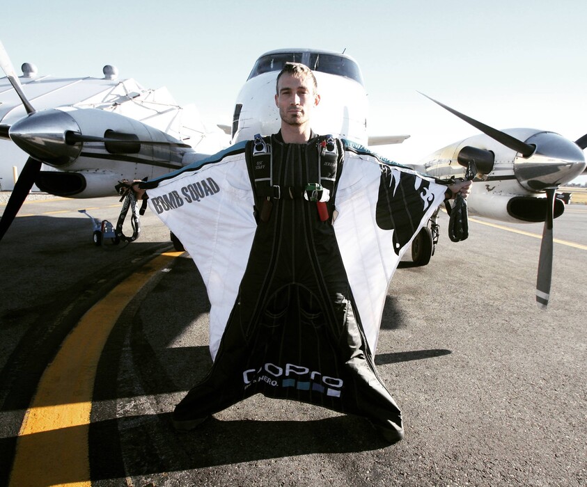 (Photo courtesy Wall family) David Wall wears a wingsuit in this 2016 photo. Wall died in a crash Sept. 10, 2020, in Switzerland. He was 34.