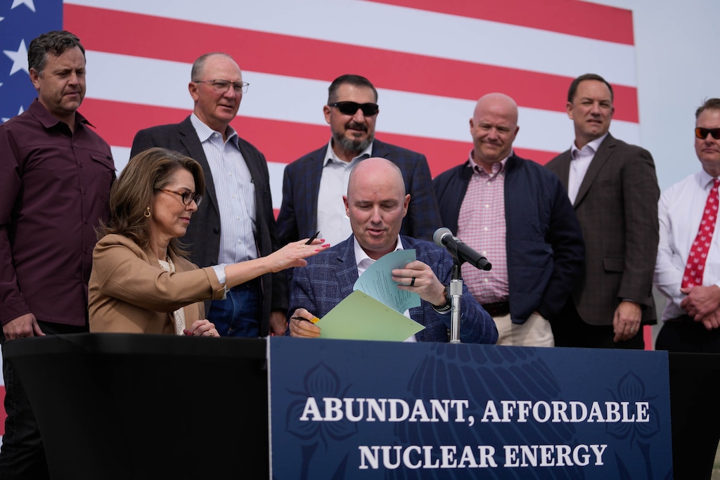 (Francisco Kjolseth | The Salt Lake Tribune) Lt. Gov. Deidre Henderson and Gov. Spencer Cox are joined by other state state leaders in north central Tooele County to announce plans to advance nuclear energy development in the county, on Friday, March 27, 2026.
