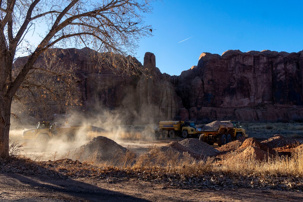 (Rick Egan | The Salt Lake Tribune)  Construction on the Colorado River on the site of that was previously the Kane Creek Campground near Moab, Tuesday, Jan. 30, 2024.