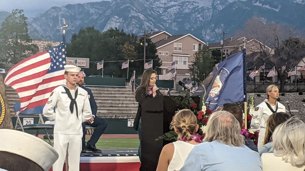 (Connor Sanders l The Salt Lake Tribune) Nicole Weiss, fiancee of slain Marine Sgt. Taylor Hoover, addressed a crowd at a memorial service on Saturday at Hillcrest High School.