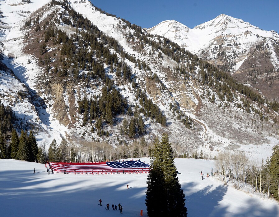 (Al Hartmann |  Tribune file photo) 	
Sundance Mountain Resort partnered with Follow the Flag to ski a giant American Flag down Bearclaw run, Feb. 7, 2018.
