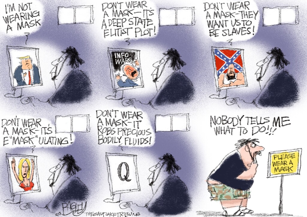(Pat Bagley | The Salt Lake Tribune) This cartoon, titled "Free-dum," appears in The Salt Lake Tribune on Friday, May 22, 2020.