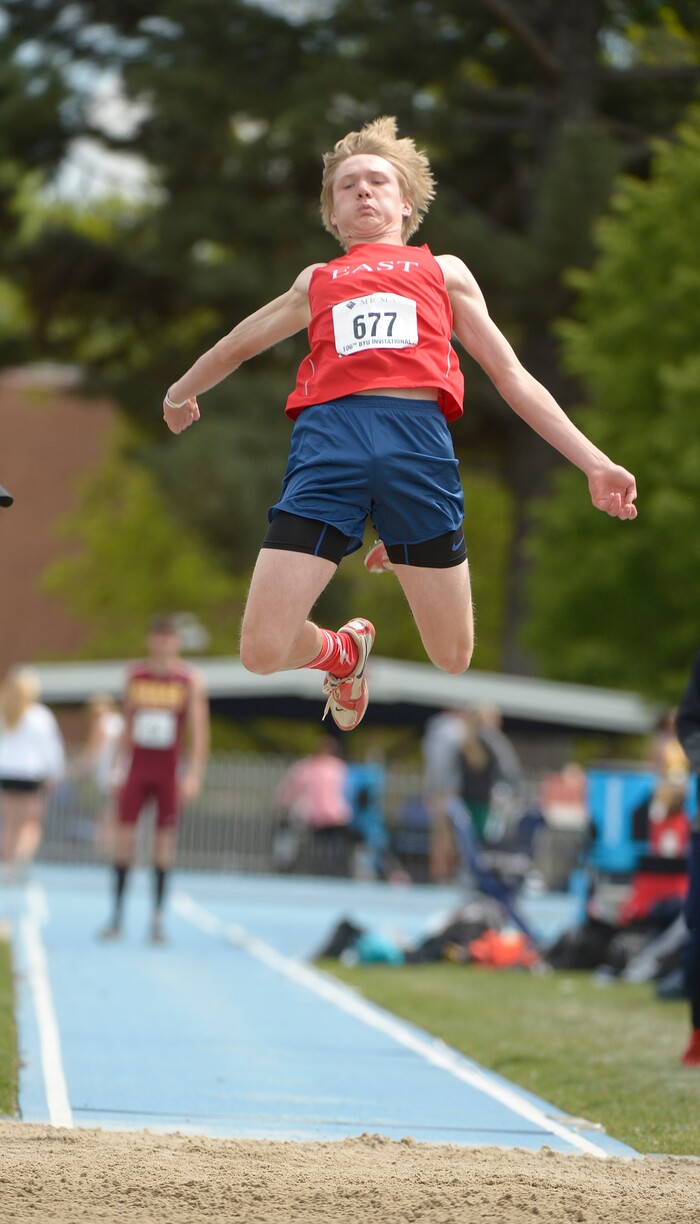 Leah Hogsten  |  The Salt Lake TribuneEast High School's William Prettyman took third in the boy's 3A-5A long jump event with 21' 9.5" at the BYU Invitational Track and Field meet, Saturday, May 7, 2016.