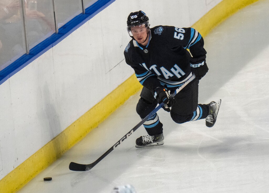 (Rick Egan | The Salt Lake Tribune) Kailer Yamamoto (56) Utah Hockey Club, in NHL preseason action between the Utah Hockey Club and the Colorado Avalanche, at the Maverick Center, on Saturday Oct. 5, 2024.